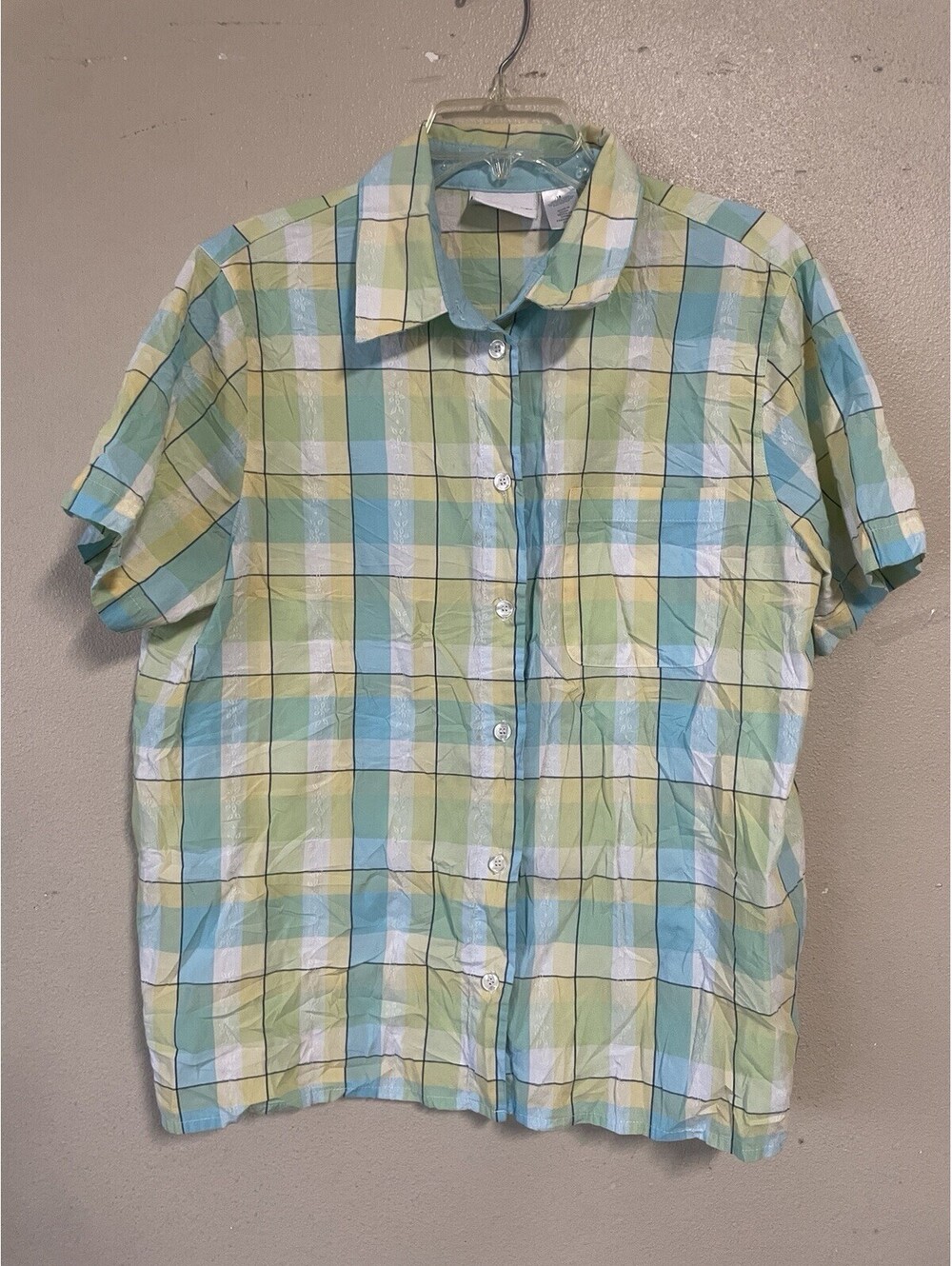 Alfred Dunner 18 Plus Blue Yellow White Checkered Short Sleeve Button